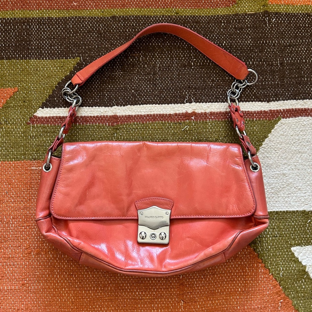 Vintage Coral Shoulder Leather Purse with Glossy Finish and Silver Accents